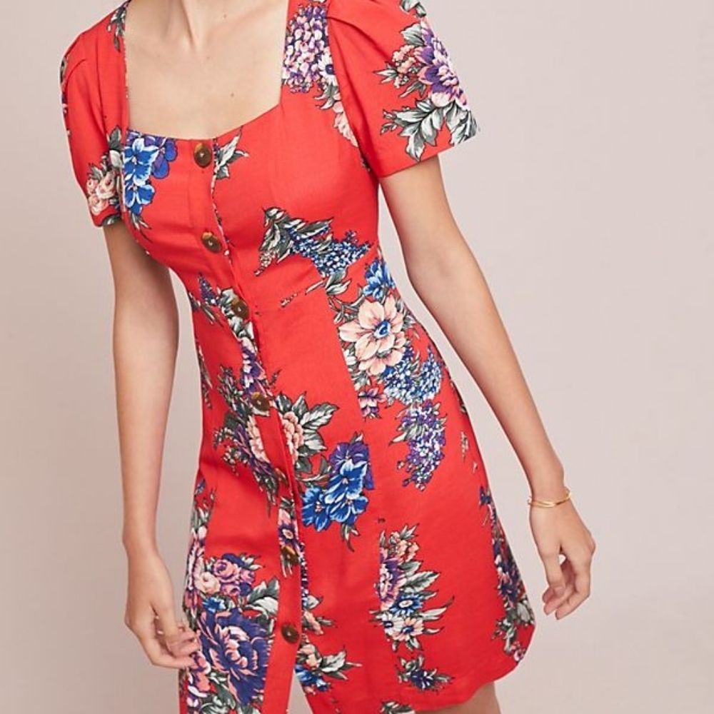 Maeve Anthropologie Red Floral Midi Dress Size 6